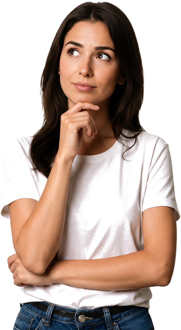 Woman considering car brands with her hand on her chin