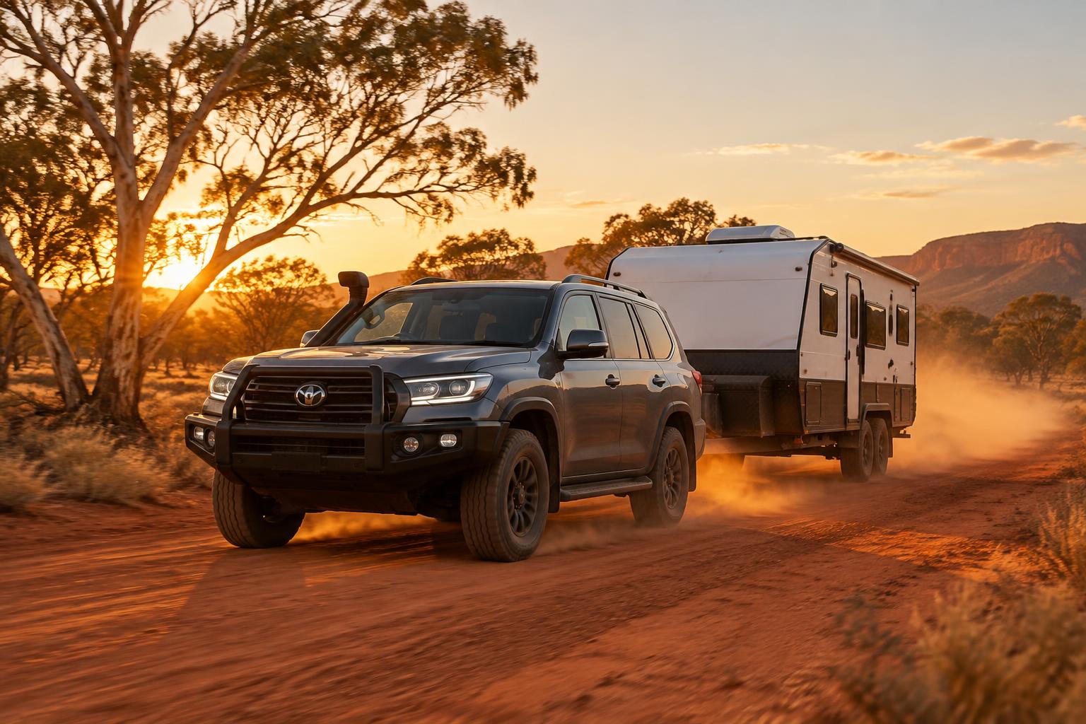 A 4WD towing a caravan along an outback dirt road at sunset